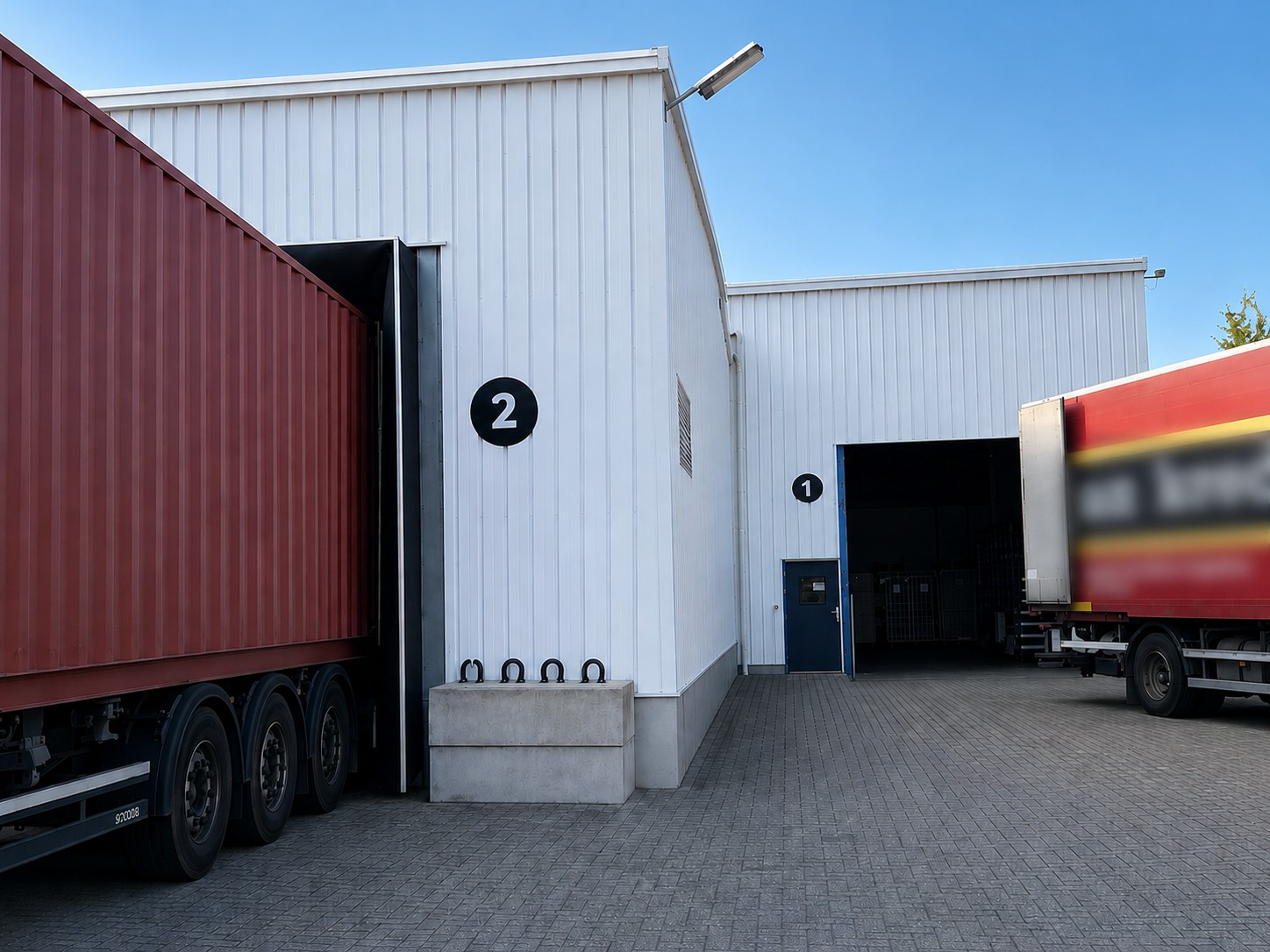 Laaddok van RNDM Production met vrachtwagens voor aanvoer en afvoer van goederen